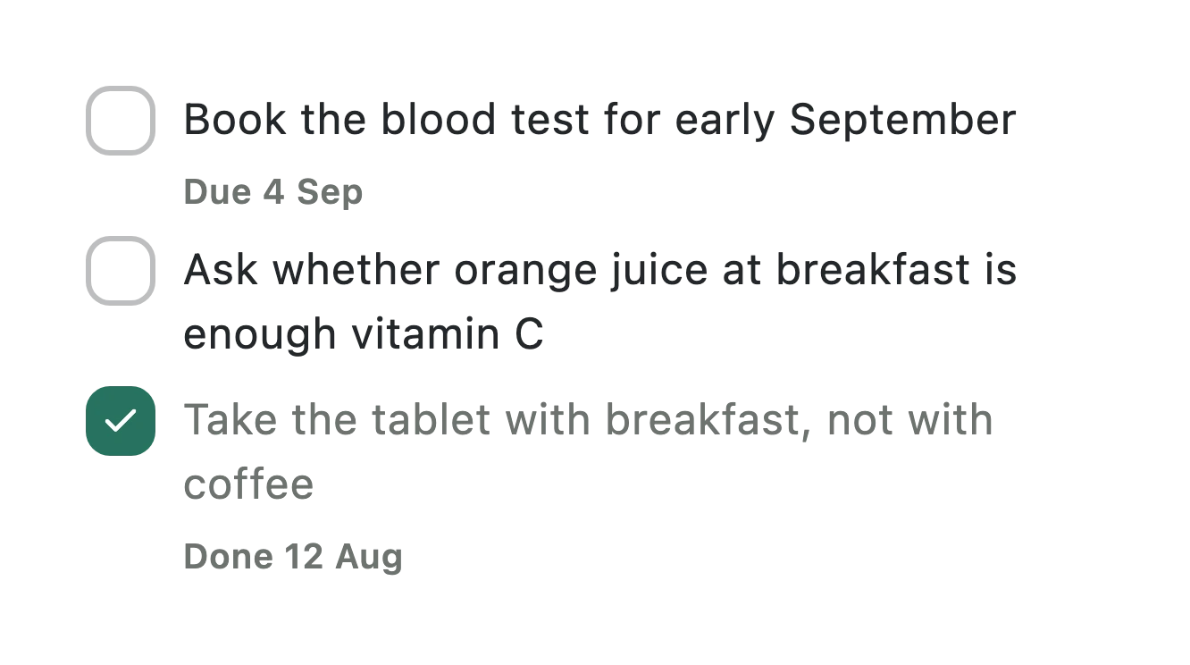 A visit's to-do list with due dates and one item already done