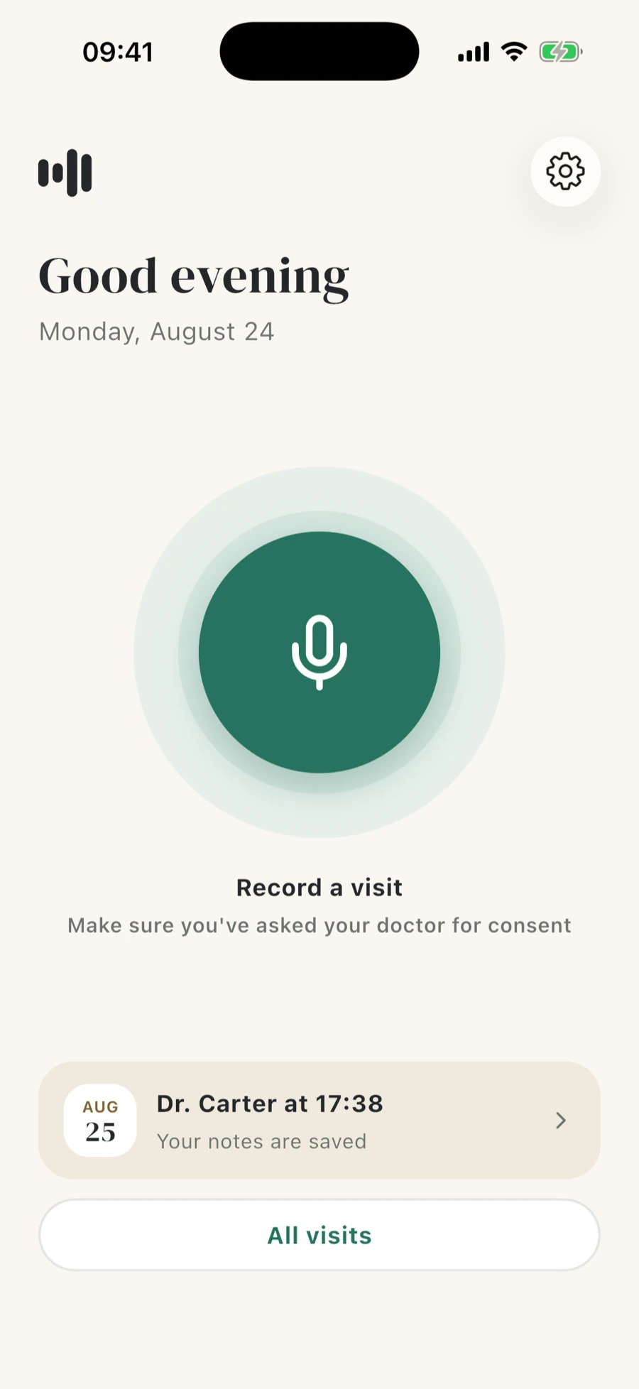 Home screen of HealthPod Scribe with the record button and the next planned visit
