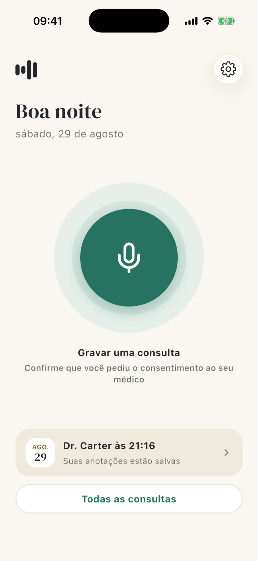 Tela inicial do HealthPod Scribe com o botão de gravar e a próxima consulta planejada