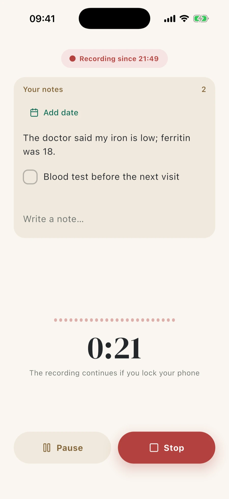 Recording screen with the elapsed time numeral