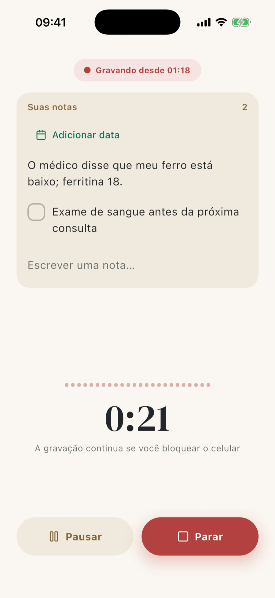 Tela de gravação com o tempo decorrido em números grandes