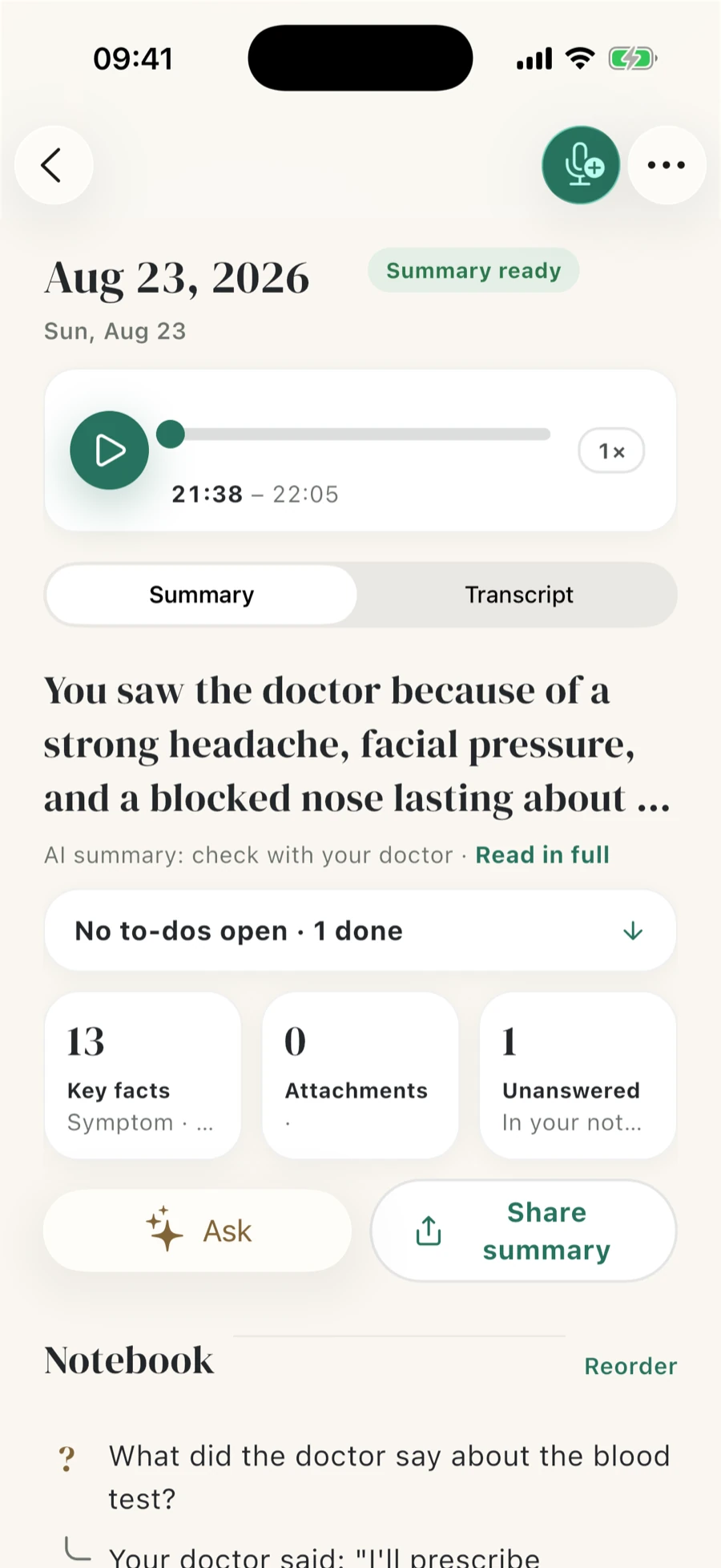 Visit summary tab with plain-language sections