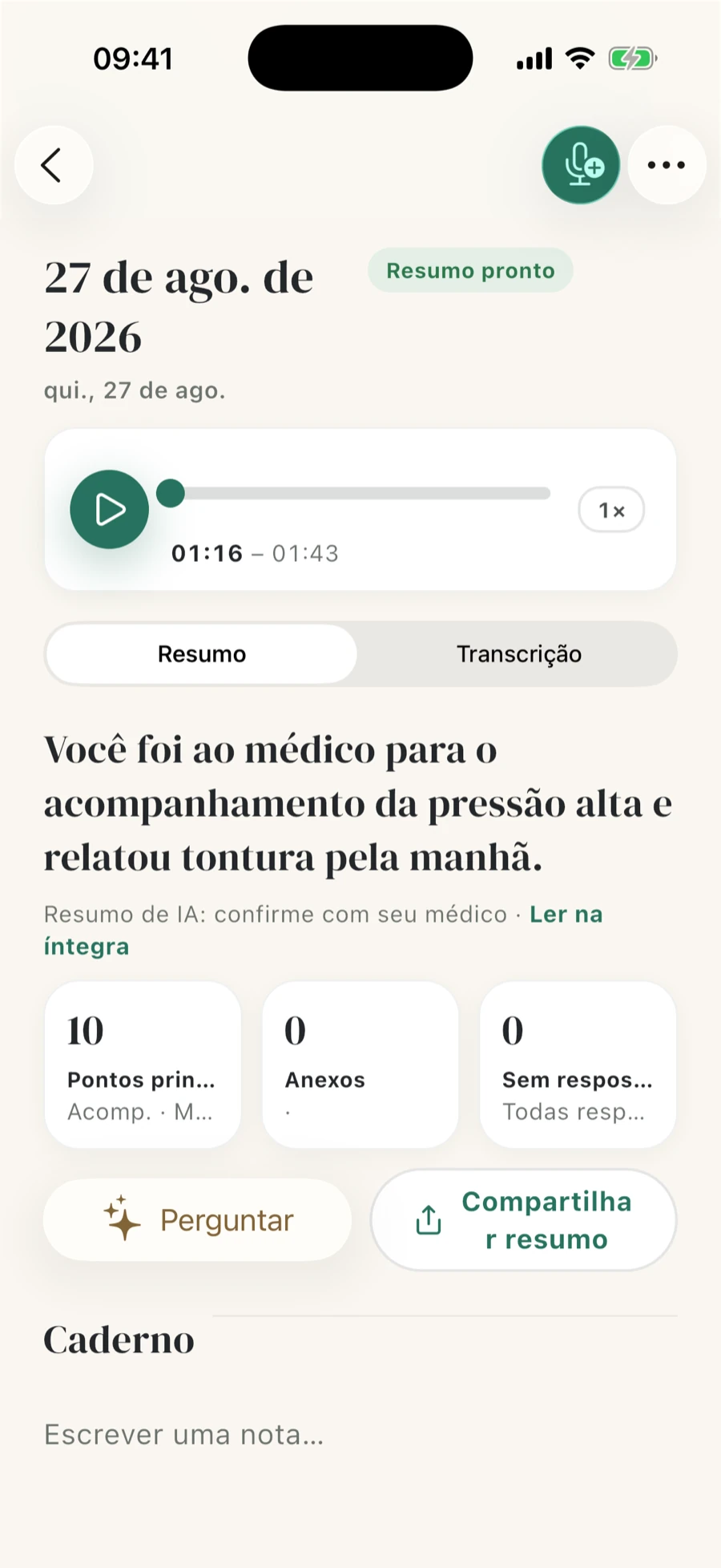 Aba de resumo da consulta com seções em linguagem simples