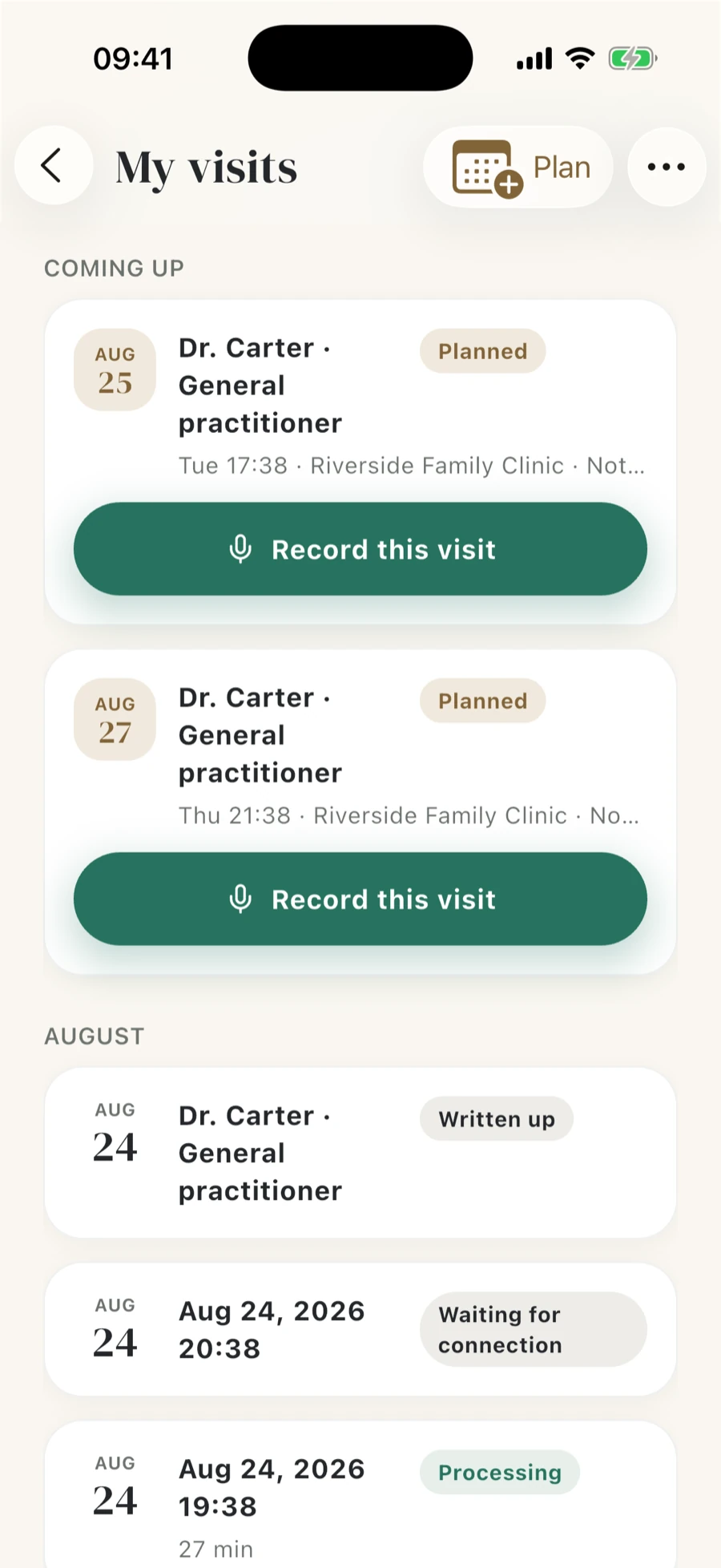 Visits timeline with planned and past visits