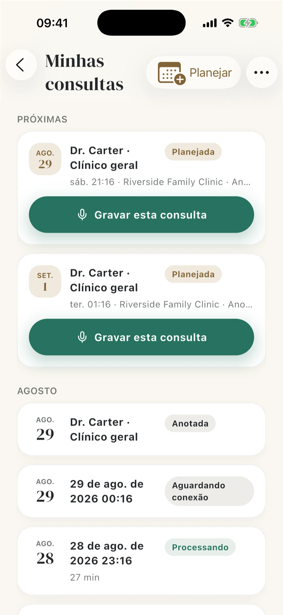 Linha do tempo de consultas, planejadas e passadas